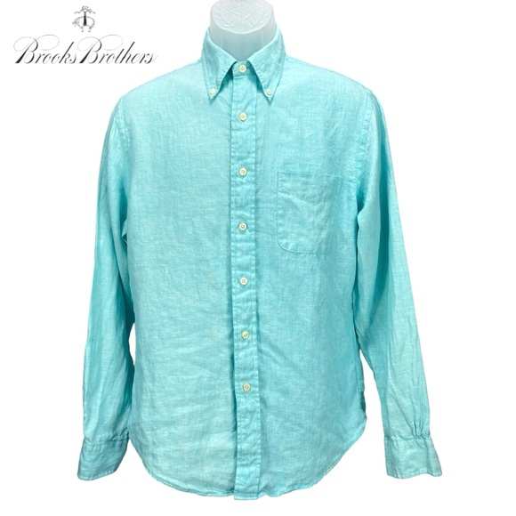 Brooks Brothers | Men Medium | Teal 100% Irish Linen Original Polo‎ L/S Shirt - Picture 1 of 8